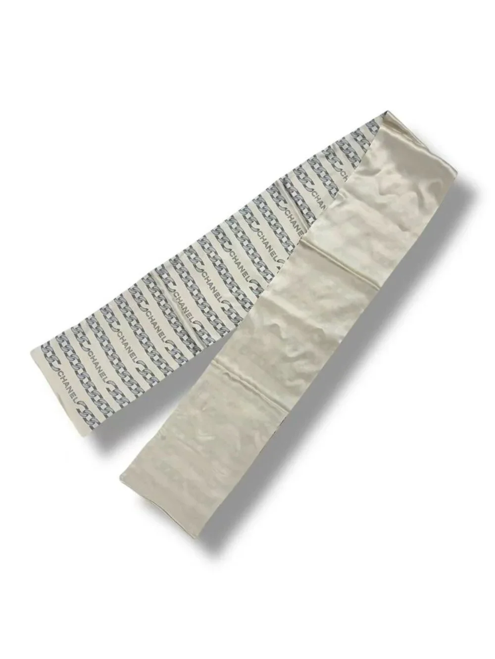 Chanel Vintage Shawl Silk Scarf Logo Chain Pattern Beige